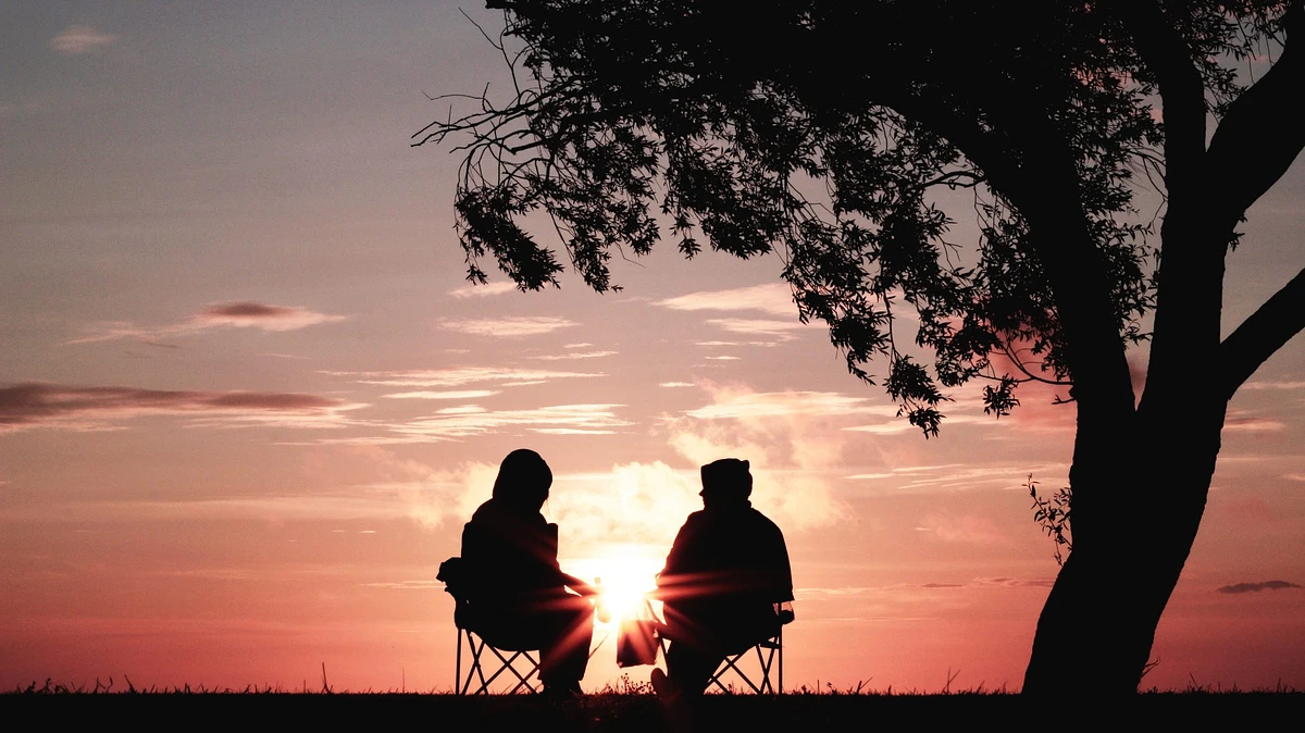2 people sit in portable chairs next to a tree backlit by a sunset