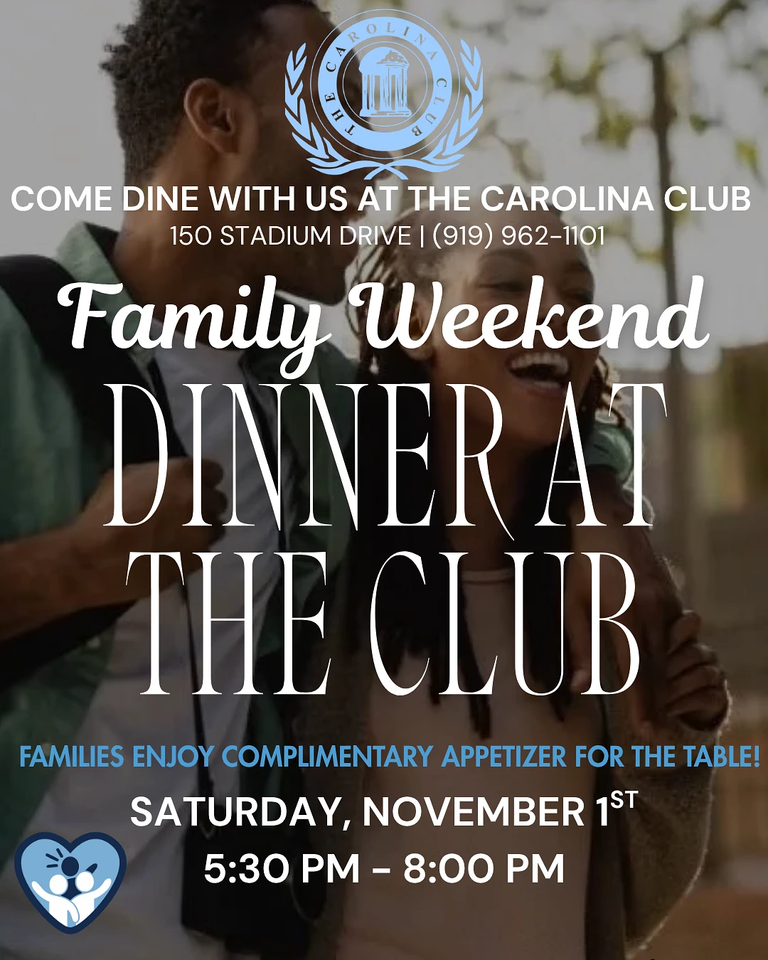 An advertisement for a Family Weekend Dinner at The Carolina Club on Saturday, November 1st, offering complimentary appetizers and featuring a QR code for reservations.