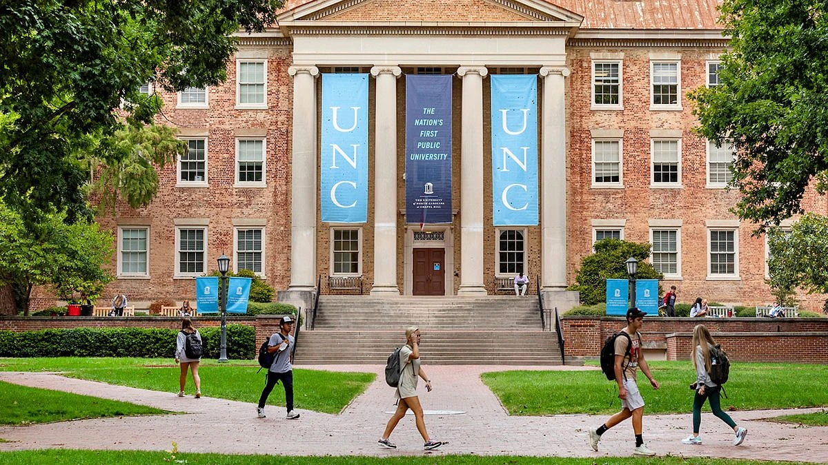 students walking on campus on a spring day