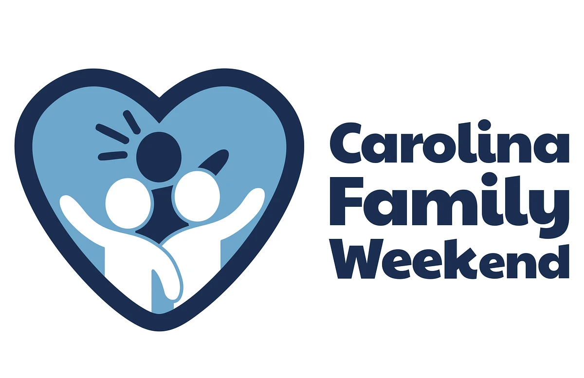 The image features a heart-shaped design with three stylized figures inside next to the text "Carolina Family Weekend."